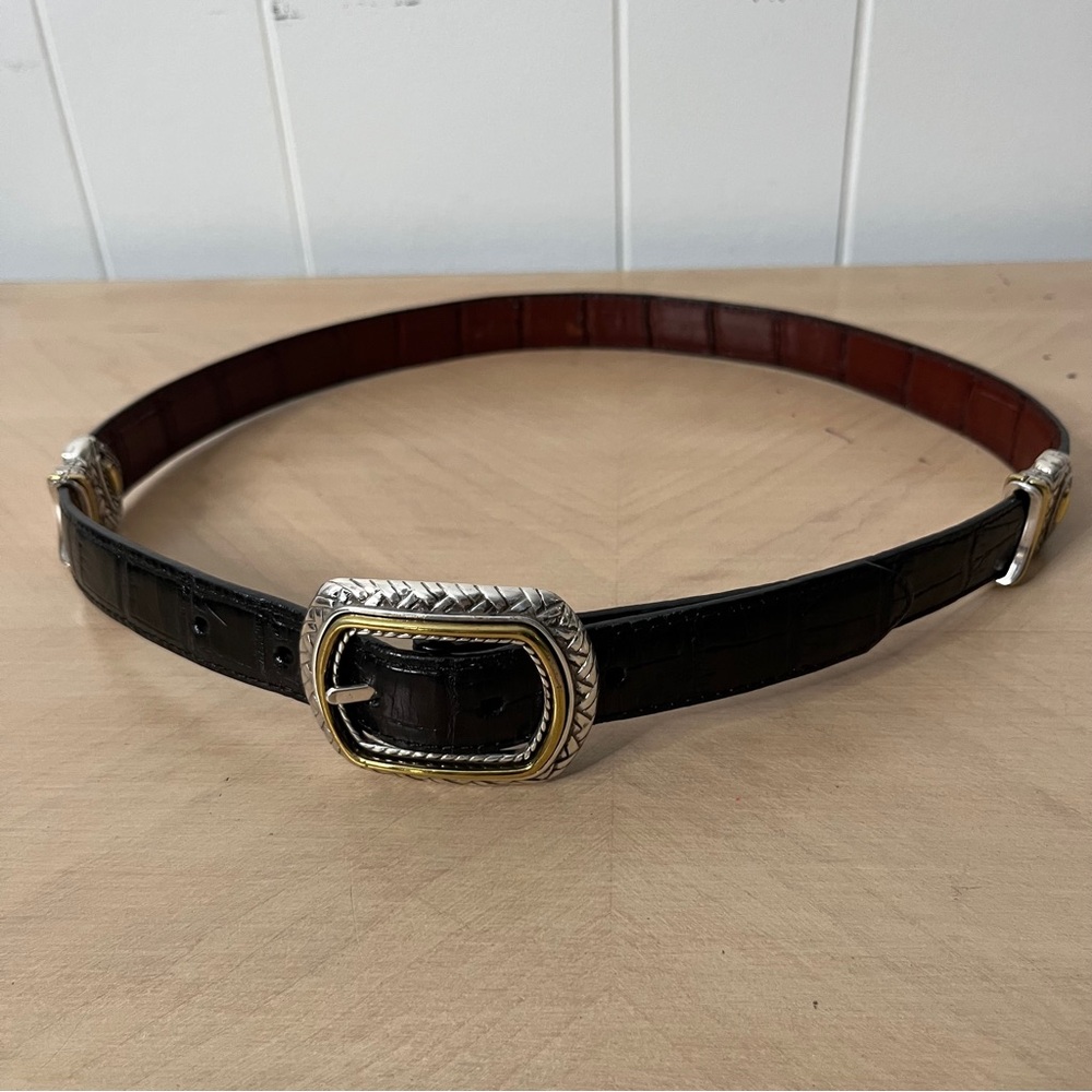 Reversible Black and Brown Leather Belt with Silver Buckle Western Boho Size M